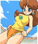  adjusting_buruma adjusting_clothes blue_eyes blush brown_hair buruma flipped_hair konpeto lowres mario_(series) panties princess_daisy shirt sleeveless sleeveless_shirt solo super_mario_bros. tears underwear wedgie 