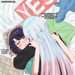  2girls black_hair black_shirt cho_kaguya-hime! chonky_juncatbar commentary english_commentary english_text from_above gradient_hair green_eyes half-closed_eyes hands_on_another's_shoulders highres hug implied_fingering long_hair multicolored_hair multiple_girls one_eye_closed parted_lips pink_hair runami_yachiyo sakayori_iroha shirt short_sleeves sweat tearing_up trembling twitter_username upper_body very_long_hair white_hair yes-no_pillow yuri 
