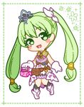  1girl :3 bangs belt black_legwear blush blush_stickers boots border commentary_request dress eyebrows_visible_through_hair frey_(rune_factory) full_body gloves green_border green_eyes green_hair hair_ribbon hand_up happy head_tilt heart heart_in_eye holding kneehighs knees_together_feet_apart long_hair looking_at_viewer muguet open_mouth pouch ribbon rune_factory rune_factory_4 sidelocks sleeveless sleeveless_dress smile solo standing symbol_in_eye tiara tied_hair twintails very_long_hair watering_can white_dress white_footwear white_gloves white_ribbon 