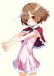  1girl blush brown_hair commentary_request commission dress expressionless flat_chest frilled_cape highres interlocked_fingers irk_(eonayu) looking_at_viewer o32_(omitsu) own_hands_together pink_dress red_eyes short_hair skeb_commission solo 
