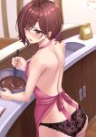  1girl apron ass bangs bare_shoulders black_panties blush breasts brown_hair chocolate hair_ornament hairclip highres higuchi_madoka idolmaster idolmaster_shiny_colors lace-trimmed_legwear lace_trim looking_at_viewer looking_back medium_breasts mixing_bowl mole mole_under_eye open_mouth panties pink_apron purple_eyes sengoku_aky thighs underwear 