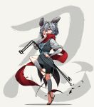  1girl alternate_costume animal_ears artist_name bandaged_arm bandaged_leg bandages commentary_request dated dowsing_rod full_body grey_hair grey_kimono grey_shorts hair_between_eyes highres holding japanese_clothes kimono leg_up looking_at_viewer medium_hair mouse_ears mouse_girl mouse_tail nazrin ninja red_eyes red_scarf sandals scarf shorts solo tail tami_(joemanyodw) touhou translation_request 