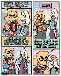 4_panel_comic aloha_shirt anthro bedroom_eyes belt belt_snap bingus_(rawdawgcomics) bird_dog canid canine canis cheek_spots clothing comic domestic_dog duo ears_down floppy_ears fur golden_retriever half-closed_eyes hi_res hunting_dog imminent_bdsm lagomorph leporid male mammal narrowed_eyes nervous nervous_smile overalls pattern_clothing pattern_shirt pattern_topwear pivoted_ears rabbit rawdawgcomics retriever seductive shirt smile smirk smug smug_face smug_grin stahli_(rawdawgcomics) teeth tooth_gap topwear white_body white_fur yellow_body yellow_fur