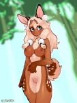  anthro big_ears blush breasts cervid chest_tuft facial_markings female genitals hair hair_beads head_markings hi_res long_hair looking_at_viewer mammal markings medium_breasts nox_(artist) outside pink_pussy pussy scut_tail slim solo spots standing tan_body thick_thighs tied_hair tuft white_spots 