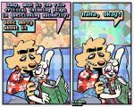 2_panel_comic aloha_shirt anthro bingus_(rawdawgcomics) bird_dog book bow_tie canid canine canis cheek_spots cigarette cigarette_in_mouth clothing dialogue domestic_dog duo english_text floppy_ears golden_retriever half-closed_eyes humor hunting_dog lagomorph leporid male mammal narrowed_eyes object_in_mouth open_mouth open_smile overalls pattern_clothing pattern_shirt pattern_topwear rabbit rawdawgcomics retriever shirt smile smirk smoking_tobacco smug smug_face smug_grin speech_bubble stahli_(rawdawgcomics) teeth text tooth_gap topwear wide_eyed