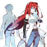  1boy 1girl aozaki_aoko blue_eyes blue_flower clenched_hands commentary_request denim dress elbow_gloves floating_clothes floating_hair flower gloves glowing glowing_eyes glowing_hair hair_between_eyes hair_intakes highres holding holding_flower jacket jeans long_hair looking_at_viewer mahou_tsukai_no_yoru midriff navel numuhe pants popped_collar serious shizuki_soujuurou short_hair sleeveless sleeveless_dress standing super_aoko torn_clothes torn_jeans torn_pants very_long_hair wavy_hair white_dress 