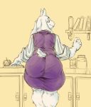 2025 2_horns 5_fingers anthro apple arm_tuft big_butt biped black_eyebrows black_eyes book bookshelf boss_monster_(undertale) bovid butt caprine closed_smile clothed clothed_anthro clothed_female clothing container cutting_board digital_drawing_(artwork) digital_media_(artwork) ear_tuft eyebrows female fingers floppy_ears food fruit fur fur_tuft furniture glass glass_jar goat half-closed_eyes head_turned hi_res horn huge_butt humanoid_hands inside iris jar kitchen leg_tuft legs_together light_body light_fur looking_at_object lop_ears mammal mature_anthro mature_female monotone_body monotone_fur monotone_tail mouth_closed multicolored_clothing multicolored_robe narrowed_eyes no_pupils onni's plant rear_view robe short_tail smile snout solo standing sweater tail thick_thighs topwear toriel tuft turtleneck two_tone_robe undertale undertale_(series) white_body white_ears white_fur white_horn white_sclera white_tail