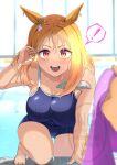  ! 1girl 1other animal_ears bare_shoulders blonde_hair blue_one-piece_swimsuit blush breasts cleavage collarbone commentary_request competition_school_swimsuit highres holding holding_towel horse_ears horse_girl horse_tail large_breasts looking_at_viewer medium_hair narita_top_road_(umamusume) one-piece_swimsuit open_mouth pool poolside purple_eyes sasanisikimk2 school_swimsuit smile solo_focus speech_bubble spoken_exclamation_mark swimsuit tail teeth towel tracen_swimsuit umamusume water wet 