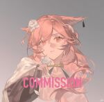  1girl animal_ears commission dress flower grey_background hair_flower hair_ornament highres holding holding_flower lin_qing_(phosphorus_1104) original pink_eyes pink_hair rose simple_background solo white_dress white_flower white_rose wolf_ears wolf_girl 