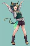  1girl animal_ears arms_up black_boots black_shorts boots breasts commentary_request ears_through_headwear full_body gloves green_eyes green_hair green_shirt hat horse_ears horse_girl horse_tail jacket kiseki_(miracle_author)_(umamusume) kiseki_(umamusume) medium_breasts multicolored_hair open_clothes open_jacket open_mouth shirt short_hair shorts simple_background smile solo streaked_hair tail teeth umamusume upper_teeth_only white_gloves white_jacket white_streaks yanagi_wakana yellow_hat 