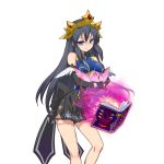  1girl animal_hug bare_shoulders bird black_dress black_hair black_sleeves blue_dress blue_eyes book breasts detached_sleeves dress evil_smile hair_between_eyes kusaka_souji large_breasts long_hair magic marina_sophia microdress multicolored_dress open_book owl smile tiara uchi_no_hime-sama_ga_ichiban_kawaii 