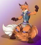  2021 anthro bottomless canid canine clothed clothing confident digitigrade epic_games fennix_(fortnite) fluffy fluffy_tail fortnite fox gloves handwear hi_res mammal octavio-monstero smile video_games white_body 