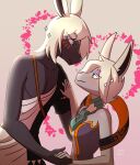 2025 anthro artist_name digital_drawing_(artwork) digital_media_(artwork) duo eye_contact eyeshadow fan_character female grey_body hair hand_holding hand_on_shoulder heart_symbol hi_res humanoid jewelry krishadraws long_ears looking_at_another love makeup male male/female mammal mineru nintendo secret_stone sparkles tears_of_the_kingdom text the_legend_of_zelda watermark white_hair zonai zonai_clothing zonai_zakku_(fursona)