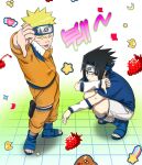  2boys absurdres bandaged_leg bandages black_hair blonde_hair blue_headband blue_shirt blue_shoes closed_eyes commentary facial_mark frown furrowed_brow headband highres jacket jumpsuit konohagakure_symbol male_focus multiple_boys naruto_(classic) naruto_(series) okbdko123 open-toe_shoes orange_jacket orange_jumpsuit orange_pants pants parted_bangs pouch shirt shoes short_hair shorts spiked_hair squatting standing thigh_pouch thumbs_down tile_floor tiles tongue tongue_out uchiha_sasuke untranslatable_commentary uzumaki_naruto whisker_markings white_shorts white_sleeves 