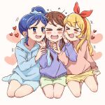  >_< 3girls :d aikatsu! aikatsu!_(series) aikatsu365 anger_vein blonde_hair blue_eyes blue_hair blue_hoodie blue_pajamas blue_shorts blue_socks blush bow_hairband brown_hair cheek-to-cheek closed_eyes commentary_request flying_sweatdrops girl_sandwich green_shorts hairband heads_together heart highres hood hood_down hoodie hoshimiya_ichigo kiriya_aoi long_hair long_sleeves looking_at_another multiple_girls no_shoes open_mouth pajamas ponytail red_hairband sandwiched shibuki_ran shorts sitting smile socks sweatdrop xd yellow_shorts 