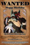 abs athletic bear213 ear_piercing generation_4_pokemon grin grinning_at_viewer happy_birthday hi_res looking_at_viewer lucario male nintendo nude piercing pokemon pokemon_(species) pose pupils sharp_teeth slit_pupils small_waist smile smiling_at_viewer solo teeth wanted_poster