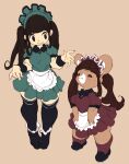 2016 5_fingers anthro apron bodily_fluids breasts brown_body brown_hair clothing dress duo female fingers footwear hair hi_res human koki legwear maid_uniform mammal pigtails shoes simple_background size_difference smile stockings sweat sweatdrop uniform ursid 