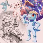  belt closed_eyes crossed_arms dumbbell exercising fangs highres holding looking_down machoke machop no_humans open_mouth pokemon pokemon_(creature) pokemon_focus red_eyes shoupitsuki sketch standing timburr training weightlifting 