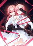  2girls alternate_costume annerica bare_shoulders black_dress black_gloves black_wings breasts commentary_request covering_another's_eyes dress evernight_(honkai:_star_rail) flower gloves hair_ornament highres holding honkai:_star_rail honkai_(series) large_breasts long_hair march_7th_(honkai:_star_rail) multiple_girls pink_hair red_eyes red_ribbon ribbon white_dress white_wings wings 