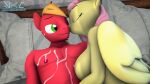  3d_(artwork) anthro anthrofied balls big_breasts big_macintosh_(mlp) bodily_fluids breasts cum cum_on_chest digital_media_(artwork) equid female fluttershy_(mlp) friendship_is_magic genital_fluids genitals hi_res kissing_cheek male male/female mammal my_little_pony nude red_body senthaurekmern yellow_body 