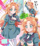  1girl aged_up ahoge akechi_anna arm_up breasts clenched_hand commentary_request copyright_notice dated double_bun dress english_text forehead from_side grabbing_own_breast green_dress green_eyes hair_bun hair_intakes hand_on_own_chest hands_up hanzou highres light_blush long_hair long_sleeves looking_at_viewer medium_breasts medium_dress meitantei_precure! mixed-language_text multiple_views musical_note official_alternate_costume official_alternate_hairstyle orange_hair pantyhose parted_bangs precure smile spoken_musical_note standing straight_hair teeth thick_eyebrows translation_request twitter_username upper_teeth_only v-shaped_eyebrows white_pantyhose 