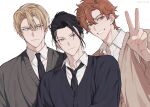  3boys arm_up black_hair black_necktie black_sweater blue_eyes brown_eyes brown_sweater collared_shirt commentary_request contemporary dimitri_alexandre_blaiddyd felix_hugo_fraldarius fire_emblem fire_emblem:_three_houses grey_sweater grin hair_between_eyes hair_bun highres looking_at_another looking_at_viewer looking_to_the_side male_focus multiple_boys necktie open_collar parted_hair r_d9y red_hair shirt short_hair sideways_glance simple_background single_hair_bun smile sweater sylvain_jose_gautier upper_body v white_background white_shirt wing_collar yellow_eyes 