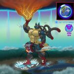 abs absurd_res aircraft airplane anthro balls biceps big_bulge big_muscles bomber bulge city cityscape cloud destroyed_city destruction earth evil_grin generation_4_pokemon generation_6_pokemon genitals glowing glowing_eyes hi_res huge_bulge huge_muscles jet kill_count lucario macro male mega_evolution mega_lucario muscular nintendo penis planet pokemon pokemon_(species) red_eyes seinki shell_(projectile) shockwave sky skyscape smile solo stomping super_strength tight_underwear vehicle vein veiny_balls veiny_muscles veiny_penis