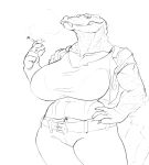 2025 5_fingers anthro belt belt_buckle bent_arm big_breasts biped black_and_white breasts buckle button_(fastener) cigarette cigarette_smoke claws clothed clothed_anthro clothed_female clothing collarbone crocodile crocodilian cropped_jacket digital_drawing_(artwork) digital_media_(artwork) female finger_claws fingers fully_clothed fully_clothed_anthro fully_clothed_female hand_on_hip hand_on_own_hip holding_cigarette holding_object humanoid_hands iljajop jacket legs_together looking_forward monochrome mouth_closed navel no_irises non-mammal_breasts open_clothing open_jacket open_topwear portrait pose pupils reptile scales scalie shirt sketch smoke snout solo spiked_tail spikes spikes_(anatomy) standing t-shirt tail teeth thick_neck thick_tail thick_thighs three-quarter_portrait three-quarter_view topwear wide_hipped_anthro wide_hipped_female wide_hips