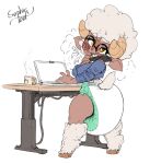  anthro blush bovid caprine computer diaper eyewear feces female glasses hair hi_res horn laptop looking_pleasured mammal messy_diaper open_mouth sheep simple_background soiled_diaper soiling solo sophiepoof standing white_hair yellow_eyes 