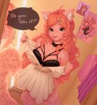 2023 accessory anthro bangs belt bite biting_lip black_bra black_claws black_clothing black_collar black_underwear bra breasts brown_eyes chest_tuft claws clothing collar collar_tag collarbone colored digital_drawing_(artwork) digital_media_(artwork) domestic_cat dress ear_piercing english_text eyebrows felid feline felis female fluffy fluffy_tail fur hair hair_accessory hairclip hi_res high-angle_view inside long_hair looking_at_viewer mammal medium_breasts monotone_body monotone_fur monotone_hair piercing pink_body pink_eyebrows pink_fur pink_hair pink_nose shaded smile solo speech_bubble sugarrrpeach tail talking_to_viewer teeth text tuft underwear white_belt white_clothing white_dress white_inner_ear