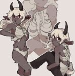 anthro biped black_bottomwear black_clothing black_horn black_pants bottomwear bovid caprine clothing female fluffy goat grey_body hair hhonchkrow234 hi_res horn long_ears mammal navel pants red_eyes rib_cage simple_background sitting solo standing sweater topwear underwear white_hair