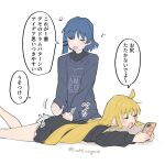  2girls ahoge black_shirt blonde_hair blue_hair bocchi_the_rock! cellphone commentary_request flip_phone grey_sweater hair_down hair_ornament hairclip ijichi_nijika long_hair long_sleeves look4_osagashi lying medium_hair mole mole_under_eye multiple_girls on_stomach phone shirt simple_background sweater translation_request white_background yamada_ryo yuri 