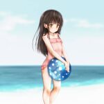  1girl absurdres ball beach beachball black_hair brown_eyes casual_one-piece_swimsuit cloud esan_(llamaesan) highres legs long_hair ocean one-piece_swimsuit original outdoors pink_swimsuit see-through sky solo swimsuit swimwear thighs v_arms 