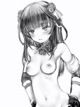  1girl bare_shoulders blush breasts brooch copyright_request eyebrows_visible_through_hair flower gloves greyscale hair_flower hair_ornament hands_on_hips highres jewelry long_hair medium_breasts monochrome nanashi_(nlo) navel neck_ribbon nipples nude parted_lips ribbon rose simple_background solo sweat white_background 