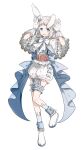  1girl :d absurdres animal_ears arms_up back_bow blue_bow blue_eyes blue_shirt blue_socks blush bow bowtie chinese_commentary commentary_request full_body gakuen_idolmaster gloves grey_hair highres idolmaster katsuragi_lilja looking_at_viewer migolu open_mouth rabbit_ears shirt shoes short_hair short_sleeves shorts simple_background smile socks solo standing standing_on_one_leg thigh_strap twitter_username white_background white_bow white_bowtie white_gloves white_shoes white_shorts wide_sleeves 