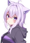  1girl :o absurdres ahoge animal_ear_fluff animal_ears blush breasts cat_ears cat_girl commentary_request from_side grey_hoodie highres hololive hood hood_down hoodie large_breasts looking_at_viewer looking_to_the_side medium_hair nekomata_okayu parted_lips purple_eyes purple_hair purple_hoodie shinonome_asu simple_background solo sparkling_eyes teeth two-tone_hoodie upper_body upper_teeth_only virtual_youtuber white_background 