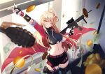  absurdres assault_rifle belly blonde_hair coin commentary_request explosive gloves gold grenade gun highres jacket korean_commentary long_hair money original red_eyes revolver rifle sunlight weapon weapon_request zeten0921 