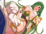  1boy 1girl bangs blush boris_(noborhys) breasts cowgirl_position erinys_(fire_emblem) fire_emblem fire_emblem:_genealogy_of_the_holy_war fire_emblem_heroes girl_on_top green_eyes green_hair grinding hetero highres large_breasts long_hair looking_at_viewer open_mouth penis smile straddling thigh_sex thighhighs thighs white_armor white_legwear 