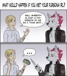  ... 2021 anthro blade canid canine clothed clothing comic dialogue duo english_text fox hair hi_res human humor male mammal melee_weapon money mugging shreddy_(shreddyfox) shreddyfox square_crossover tattoo text weapon 