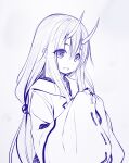  1girl bangs commentary_request grey_background hair_between_eyes hands_up haryuu_(poetto) highres horns japanese_clothes kimono long_hair long_sleeves looking_at_viewer monochrome oni oni_horns open_mouth ribbon-trimmed_sleeves ribbon_trim shuna_(tensei_shitara_slime_datta_ken) simple_background sleeves_past_fingers sleeves_past_wrists smile solo tensei_shitara_slime_datta_ken upper_body very_long_hair wide_sleeves 