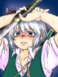  1girl arms_up black_bow blue_background blush bow close-up collarbone commentary_request green_eyes green_vest hair_bow holding holding_sword holding_weapon incoming_attack konpaku_youmu medium_hair nervous_sweating nose_blush nunnun_(shunka_shuutou) one-hour_drawing_challenge parted_lips rope scabbard sheath shirt short_sleeves simple_background solo sweat sword teeth touhou upper_body vest weapon white_hair white_shirt 