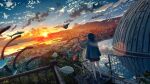  1girl absurdly_detailed_composition back banishment black_hair city cityscape cloud commentary_request gradient_sky highres long_hair mountain original pleated_skirt reflection reflective_liquid scales skirt sky solo sunset 