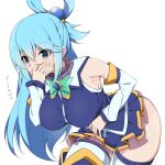  1girl aqua_(konosuba) bare_shoulders blue_eyes blue_hair blue_shirt blush breasts covering_mouth detached_sleeves eyebrows_visible_through_hair hair_between_eyes hair_ornament hair_rings highres kono_subarashii_sekai_ni_shukufuku_wo! kuro_mushi large_breasts long_hair looking_at_viewer shirt skirt solo 