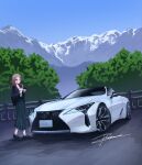  1girl absurdres apollos_ars black_jacket black_shoes blue_sky brown_hair car commentary_request day green_skirt highres jacket lexus lexus_lc license_plate long_hair long_skirt long_sleeves motor_vehicle mountainous_horizon original outdoors shoes skirt sky solo sports_car standing white_car 
