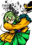  1girl 2016 black_hat botebuchu cosplay english_text green_eyes green_hair green_skirt hat komeiji_koishi kung_lao kung_lao_(cosplay) mortal_kombat_(series) motion_blur outline simple_background skirt smile splatter touhou white_background 