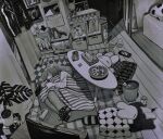 1girl blanket book calendar_(object) closed_eyes commentary cup fish_tank greyscale handheld_game_console highres indoors lava_lamp lying microwave monochrome mug nas_u on_side original plant potted_plant rug shelf sleeping slice_of_life socks table television tissue_box traditional_media trash_can untranslatable_commentary vase wooden_floor 