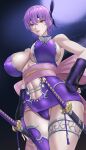  1girl absurdres ayane_(doa) bare_shoulders blurry blurry_background breasts closed_mouth commentary_request dead_or_alive fingerless_gloves from_below fwaf gloves hand_on_own_hip headband highres jewelry katana large_breasts navel ninja ninja_gaiden panties purple_hair purple_headband purple_panties purple_thighhighs red_eyes short_hair short_sword simple_background single_thighhigh solo sword thighhighs thighlet underwear weapon 