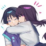  ! 1boy 1girl alternate_costume animal_print arms_at_sides bird_print black_hair black_sailor_collar black_skirt blue_hair blunt_bangs blunt_ends breast_press breasts brother_and_sister cheek-to-cheek choppy_bangs contemporary copyright_notice genshin_impact heads_together heart highres hug_from_side long_hair long_sleeves looking_at_another looking_at_viewer medium_breasts multicolored_hair notice_lines one_eye_closed open_mouth pink_eyes pink_hair purple_eyes purple_sweater_vest raiden_shogun rocks_2 sailor_collar scaramouche_(genshin_impact) school_uniform shirt short_sleeves siblings sideways_glance skirt streaked_hair sweater_vest undershirt wanderer_(genshin_impact) white_mouth white_shirt white_sleeves 