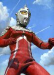  1boy aircraft airplane alien armor blue_sky breastplate clenched_hand cloud cloudy_sky colored_skin commentary contrail cowboy_shot day eye_slugger fighter_jet forehead_jewel from_below gem giant giant_male gloves glowing glowing_eyes green_gem highres legs_apart looking_ahead male_focus military_vehicle multicolored_skin outdoors painting_(medium) pectorals red_gloves red_skin saigonotatakaida shoulder_armor silver_skin sky standing tokusatsu toned toned_male traditional_media two-tone_skin ultra_hawk_1 ultra_series ultraseven ultraseven_(series) wrinkled_skin yellow_eyes 