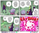 2022 2_horns 3_fingers 4_fingers 4_panel_comic ambiguous_gender arlokk arlokk_the_atrocious artist_name black_tail blue_eyes bone boom border box cardboard cardboard_box clothed clothing comic_sans container cup digital_media_(artwork) doktor_(merrivius) dragon drinking_straw_in_mouth english_text explosion eyes_closed female fingers green_body group holding_container holding_cup holding_flask holding_object horn instagram_logo looking_up_at_another merrivius mythological_creature mythological_scalie mythology open_mouth purple_text scalie shaded shadow she-dragon_(merrivius) skull skull_head speech_bubble tail text trio twitter twitter_logo webtoon white_border